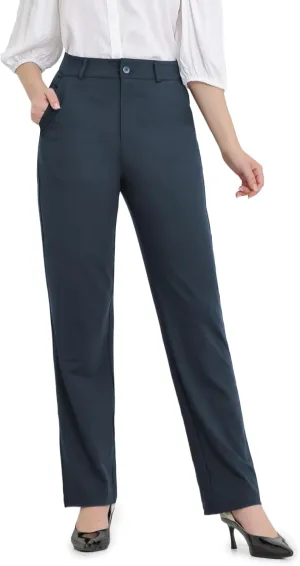 Bamans Dress Pants Women Work Business Casual Petite Pants Tummy Control Office Straight Leg Navy Blue Trousers High Waisted Ladies Slacks 29" XL