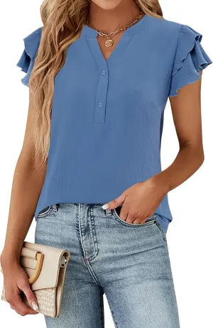 Blooming Jelly Women's Dressy Casual Tops Business Work Blouses 2025 Summer Button Down Shirts Short Ruffle Sleeve V Neck Tshirt (Ruffle Sleeve Haze Blue,Small)