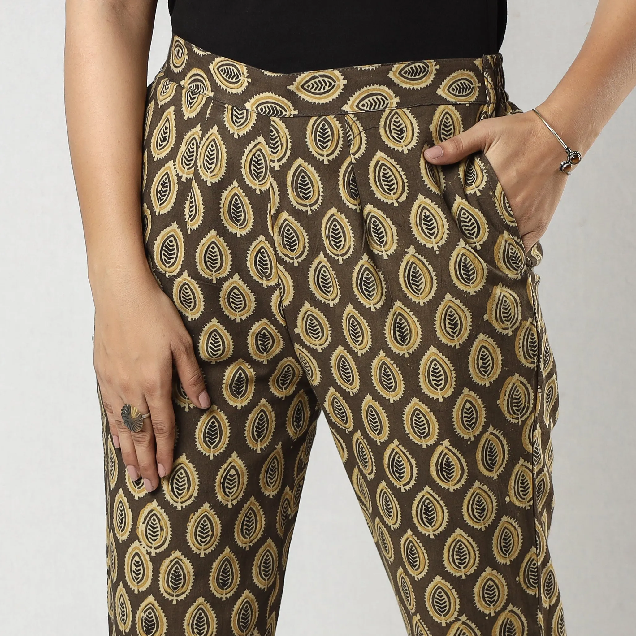 Brown - Ajrakh Block Printed Cotton Tapered Casual Pant for Women