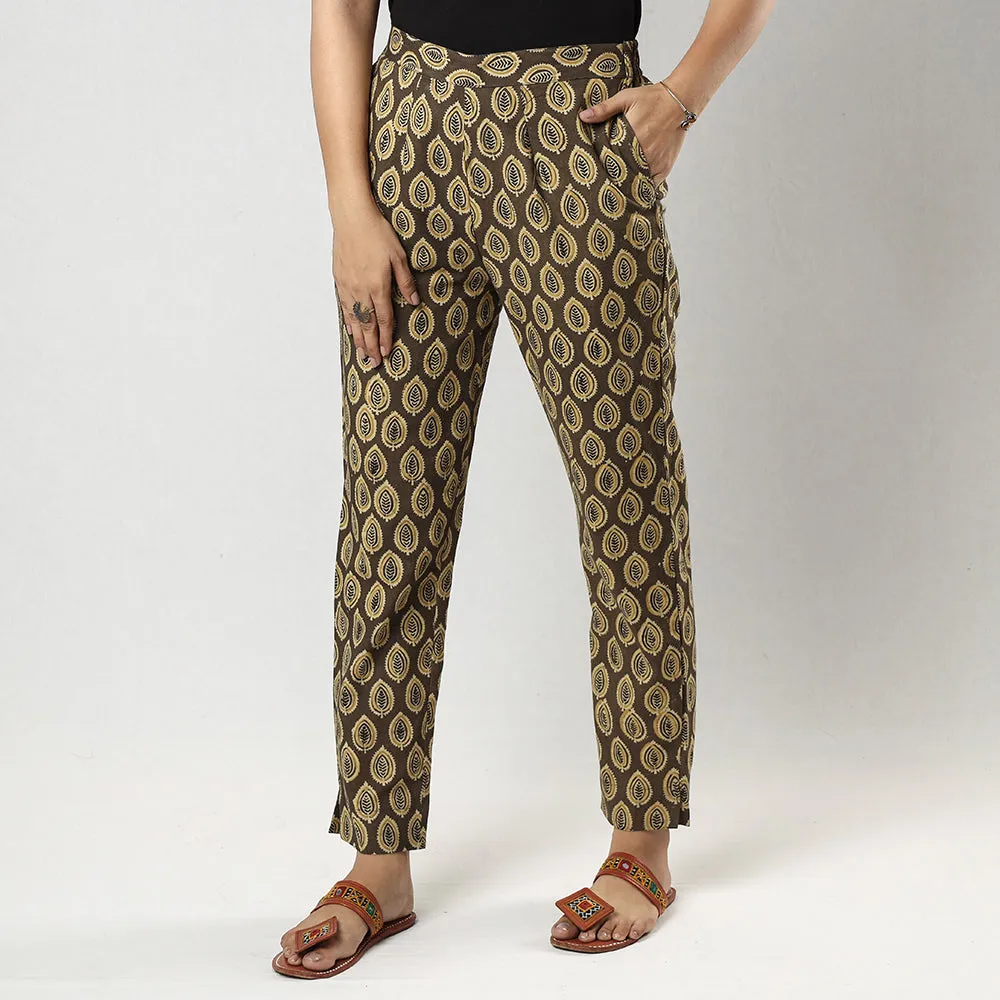 Brown - Ajrakh Block Printed Cotton Tapered Casual Pant for Women