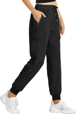 Buauty Women's Hiking Pants - Lightweight Quick Dry Cargo Joggers with Pockets, Elastic Waist for Outdoor and Travel Black
