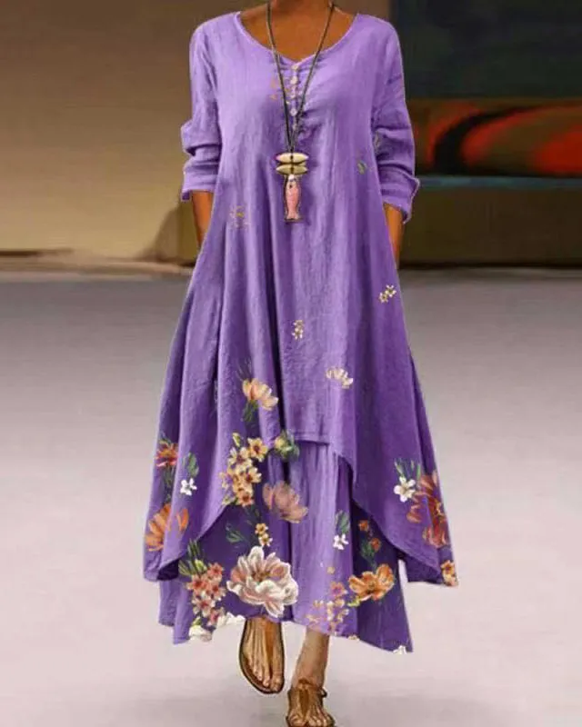Casual Printed Long Sleeve Irregular Dress