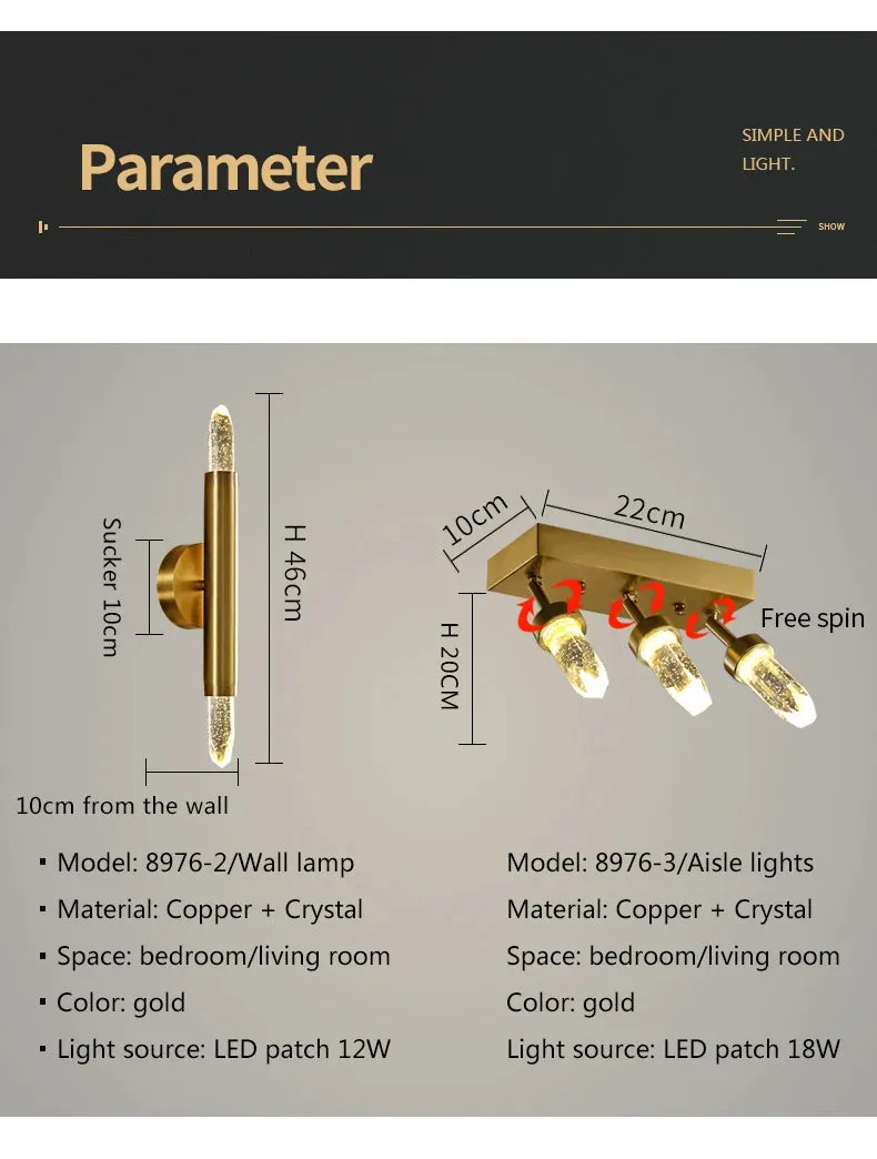 Ceiling / Wall Modern Gold Copper Indoor LED Decorative Crystal Aisle Light Corridor