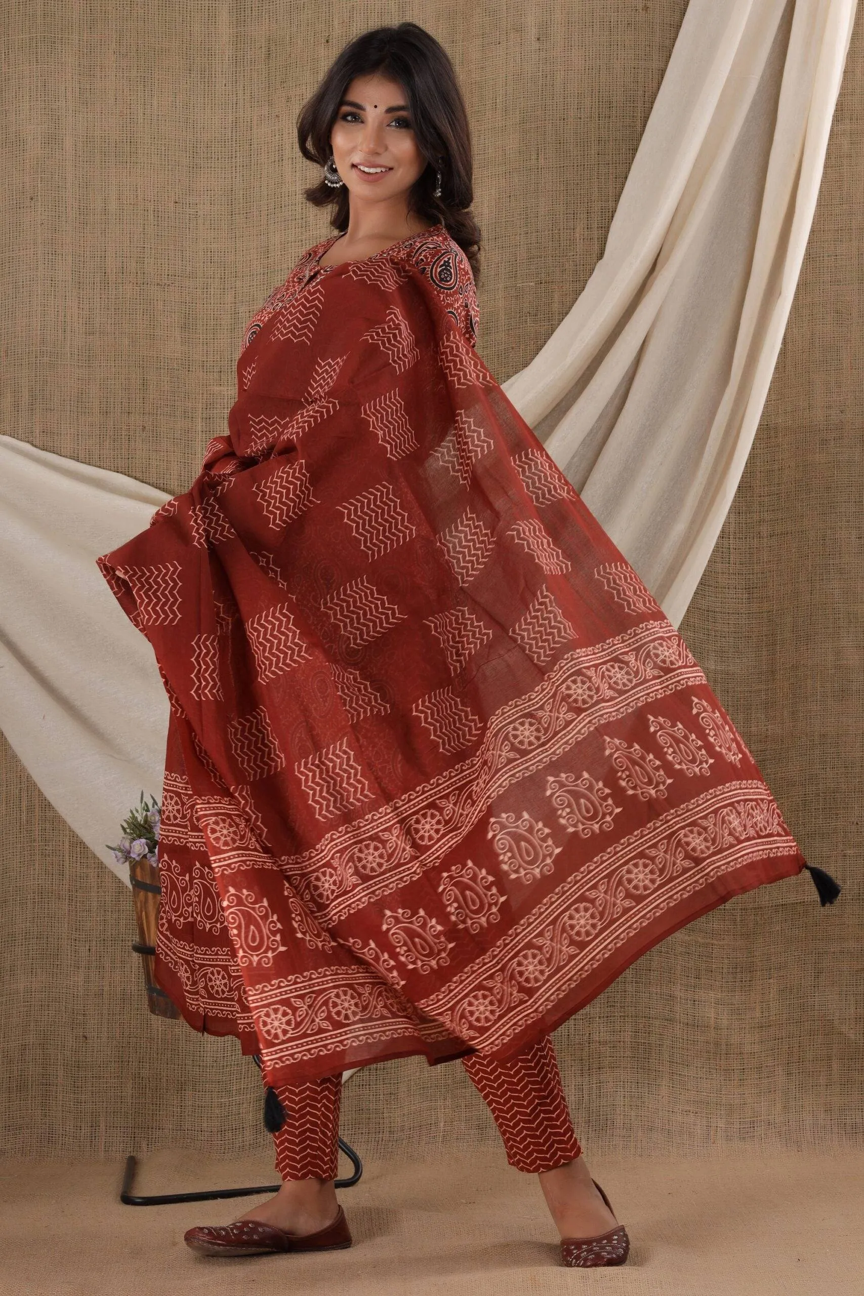 Cotton Brown Paisley Print Suit Set