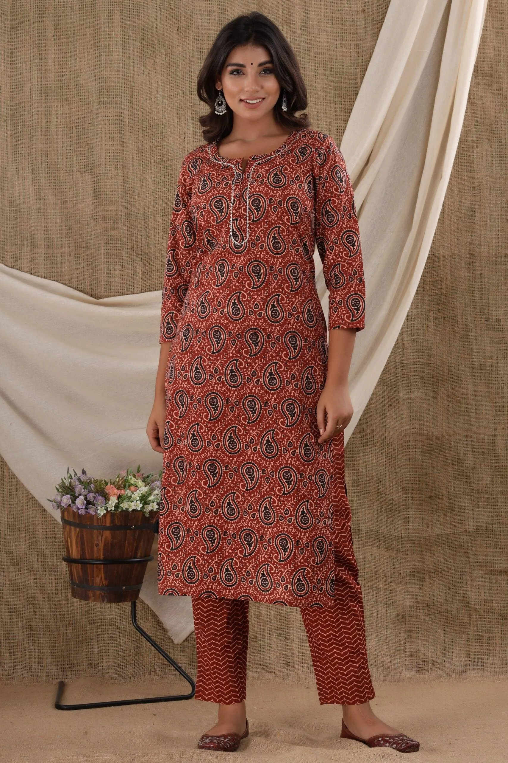 Cotton Brown Paisley Print Suit Set