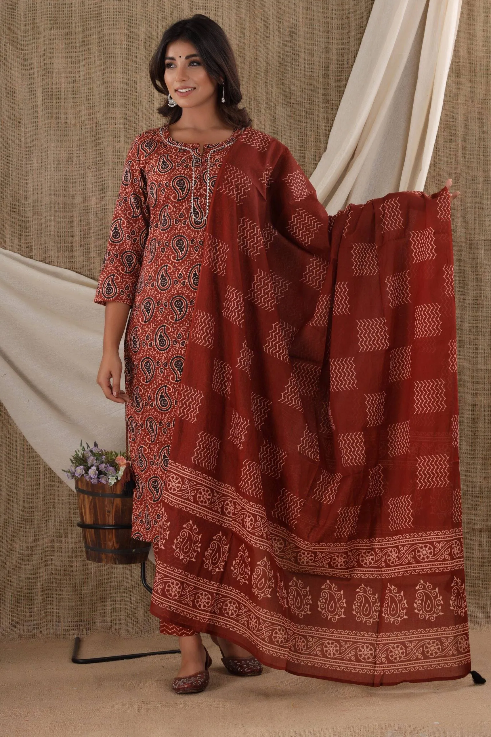 Cotton Brown Paisley Print Suit Set