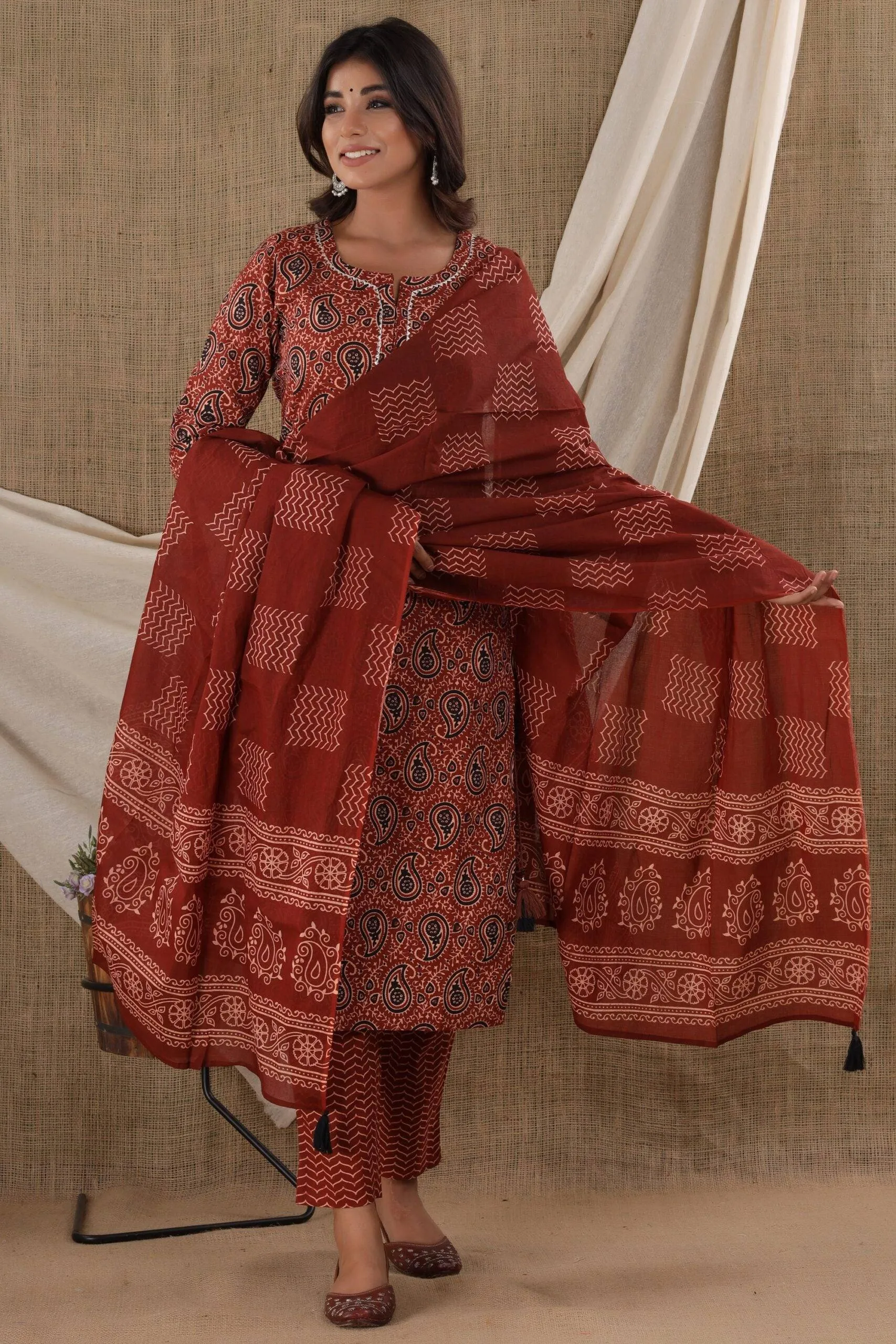 Cotton Brown Paisley Print Suit Set