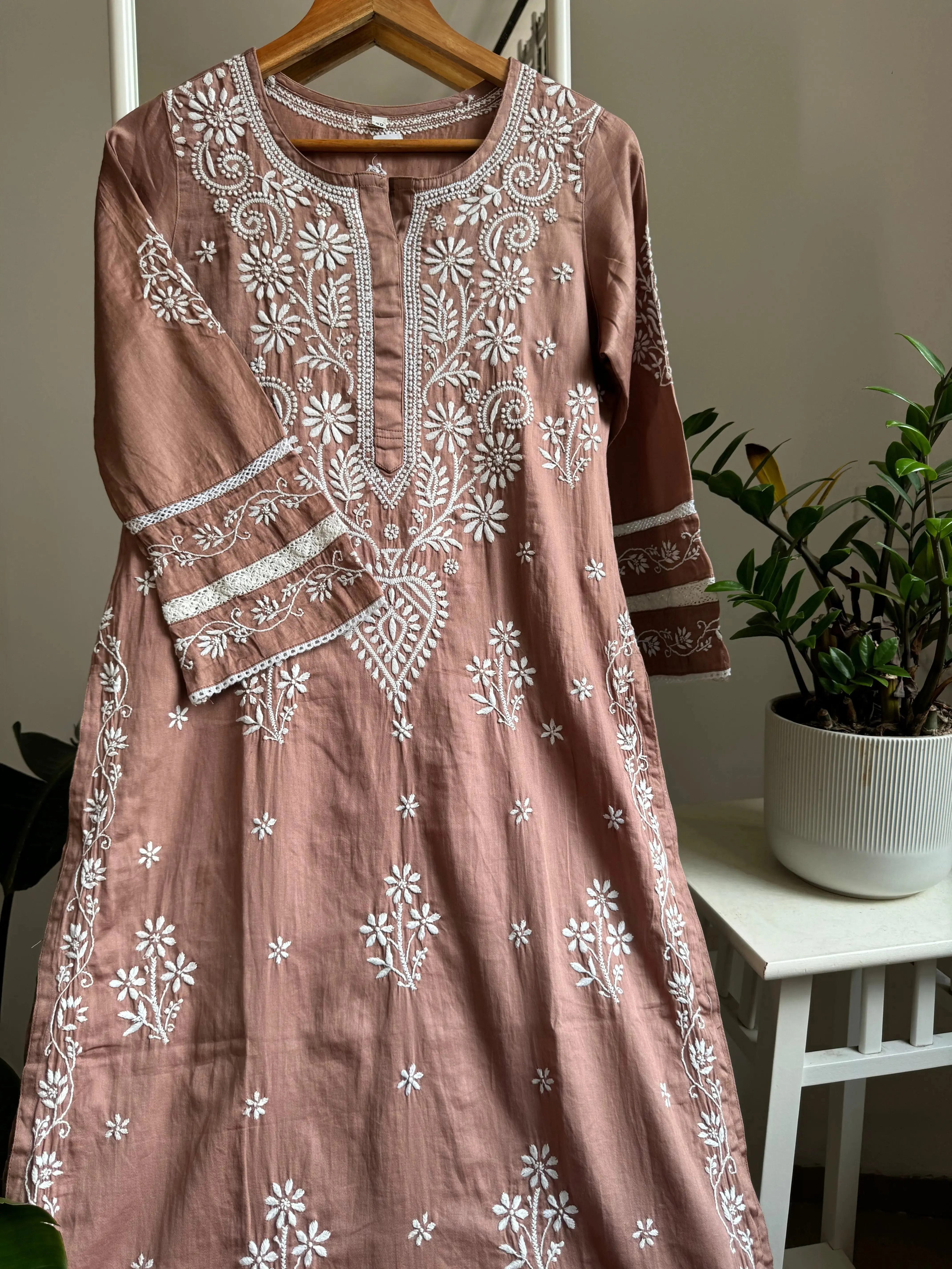 Cotton Chikankari Kurti -  Coffee Brown