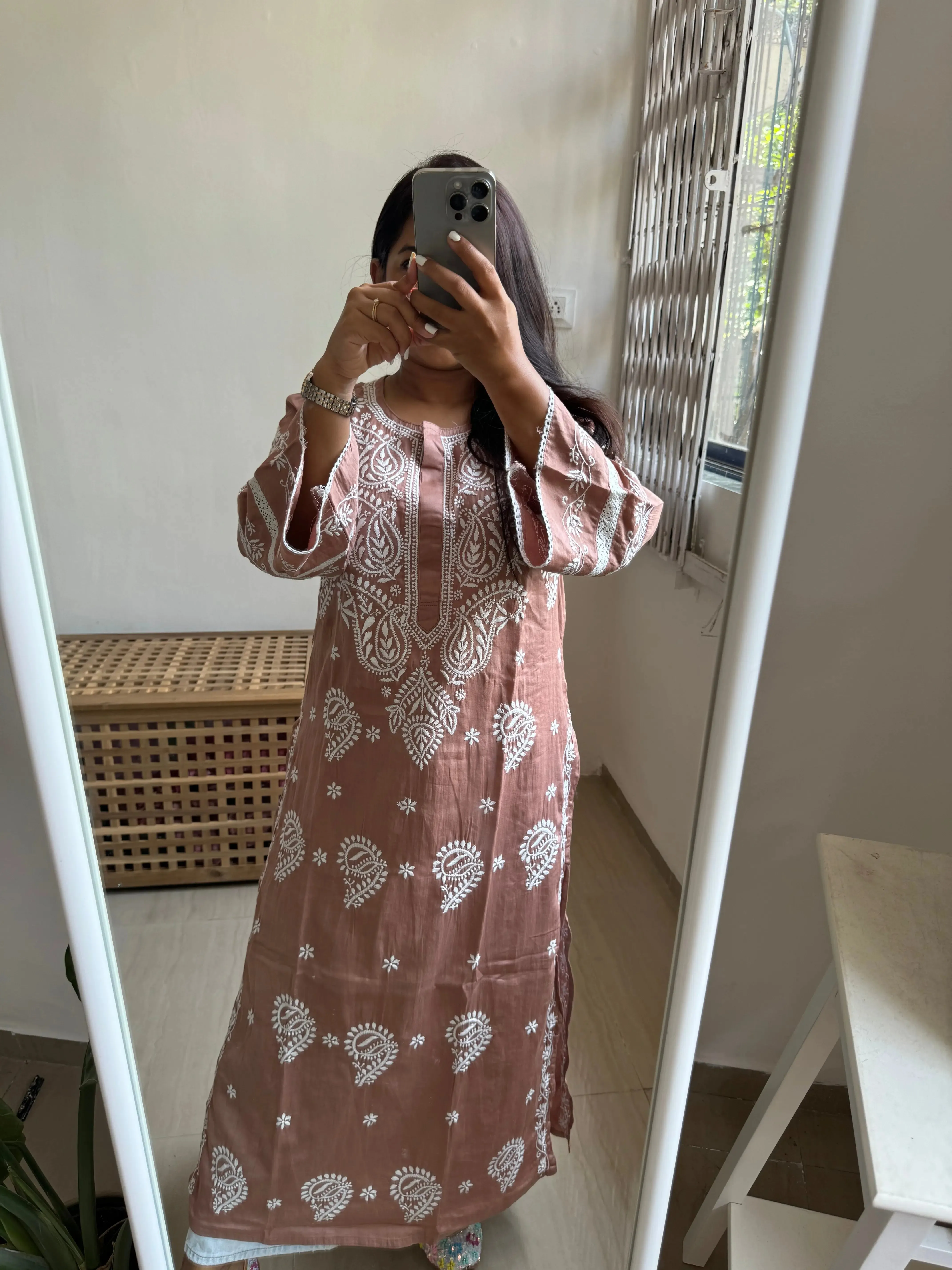 Cotton Chikankari Kurti -  Coffee Brown