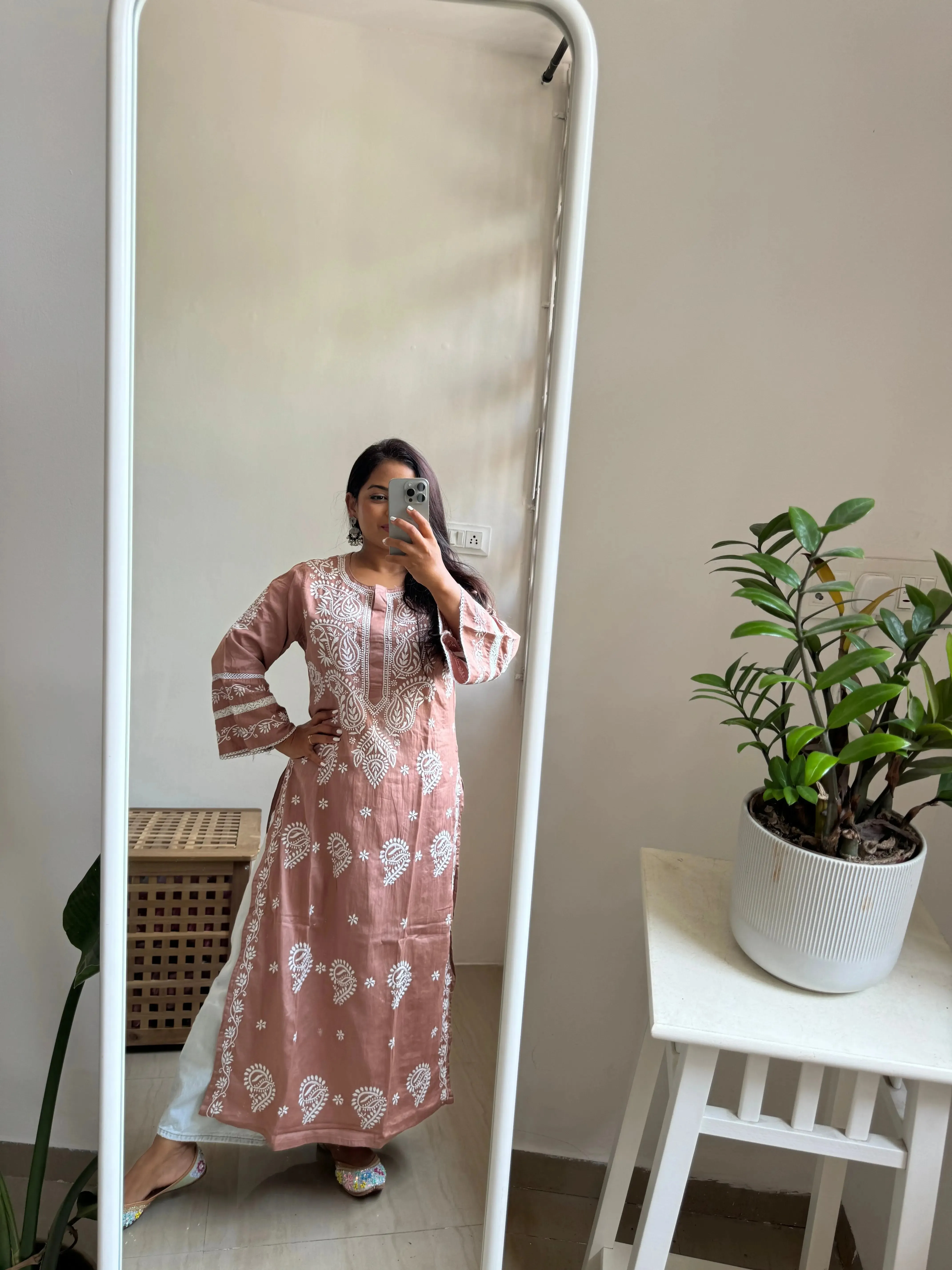 Cotton Chikankari Kurti -  Coffee Brown