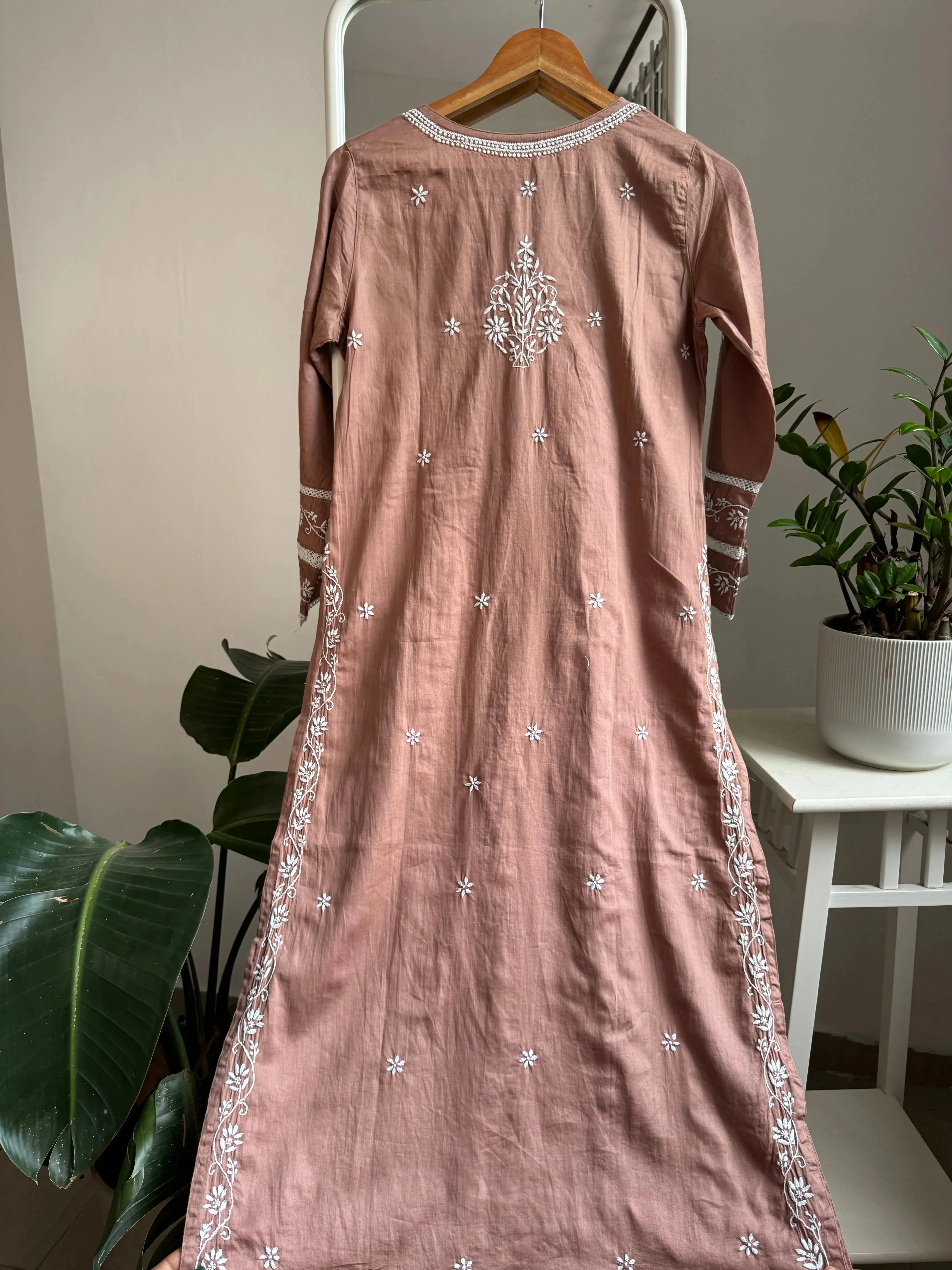 Cotton Chikankari Kurti -  Coffee Brown