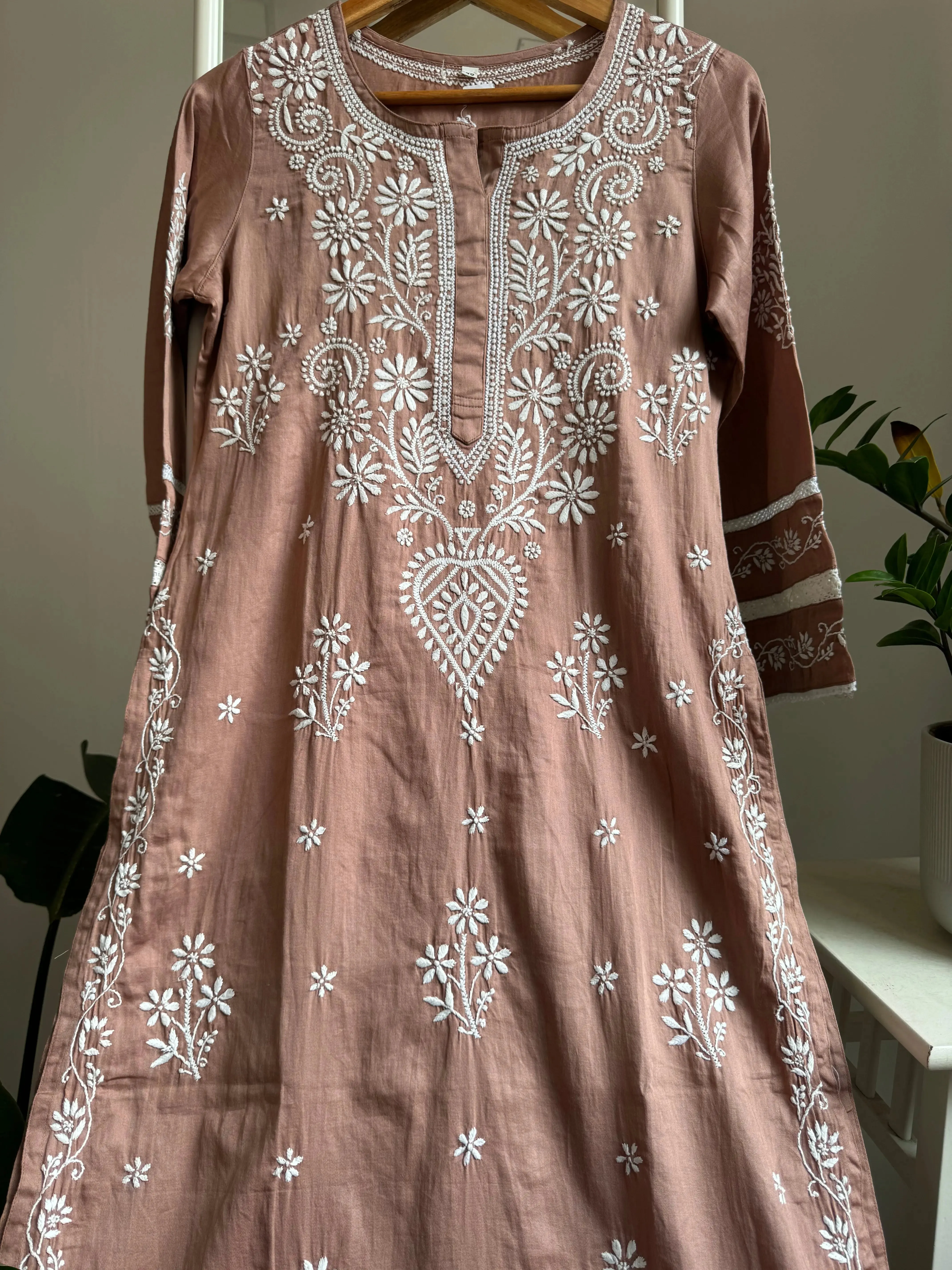 Cotton Chikankari Kurti -  Coffee Brown