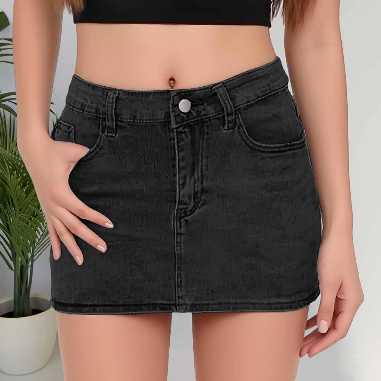 Denim Skirts for Women High Waist Stretchy Washed Mini Casual Denim Skirt with Pockets Elastic Comfort Denim Skirt