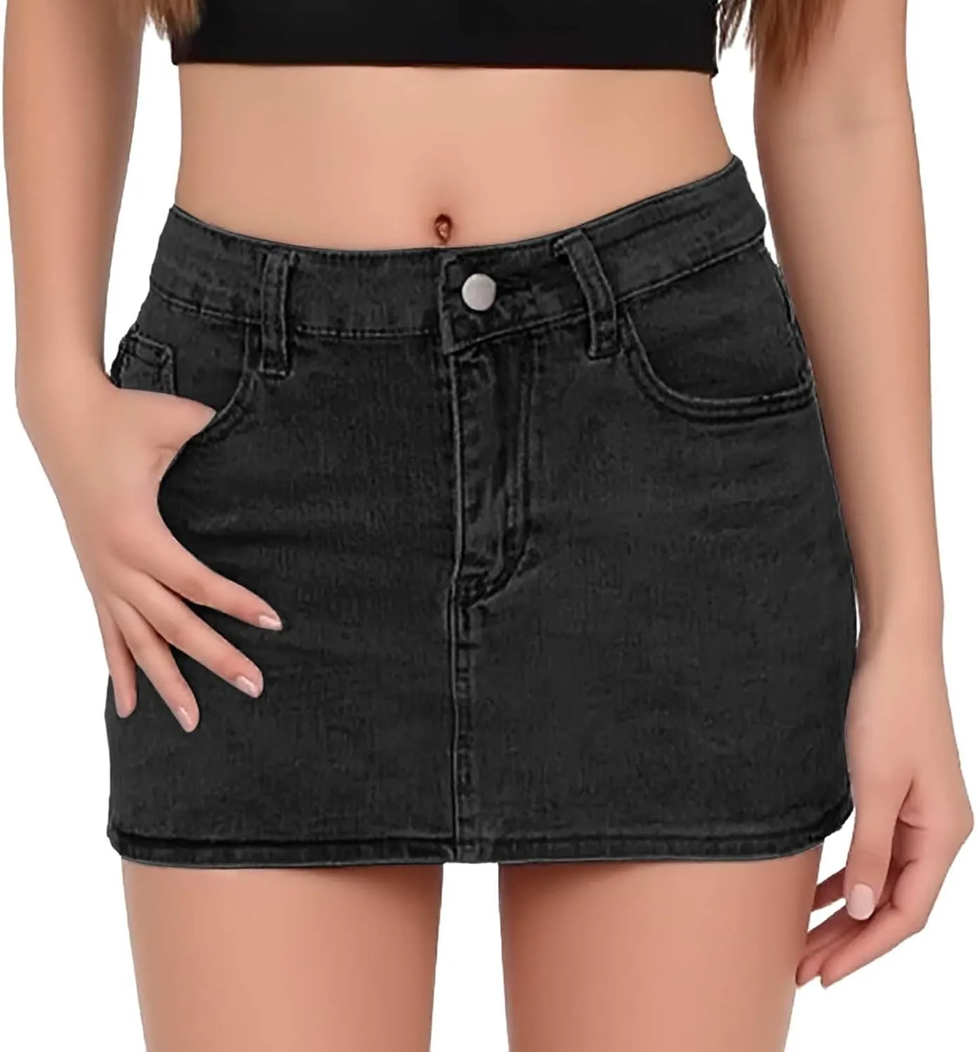Denim Skirts for Women High Waist Stretchy Washed Mini Casual Denim Skirt with Pockets Elastic Comfort Denim Skirt