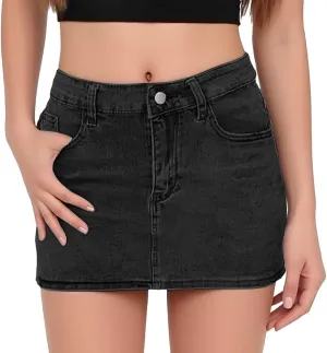 Denim Skirts for Women High Waist Stretchy Washed Mini Casual Denim Skirt with Pockets Elastic Comfort Denim Skirt