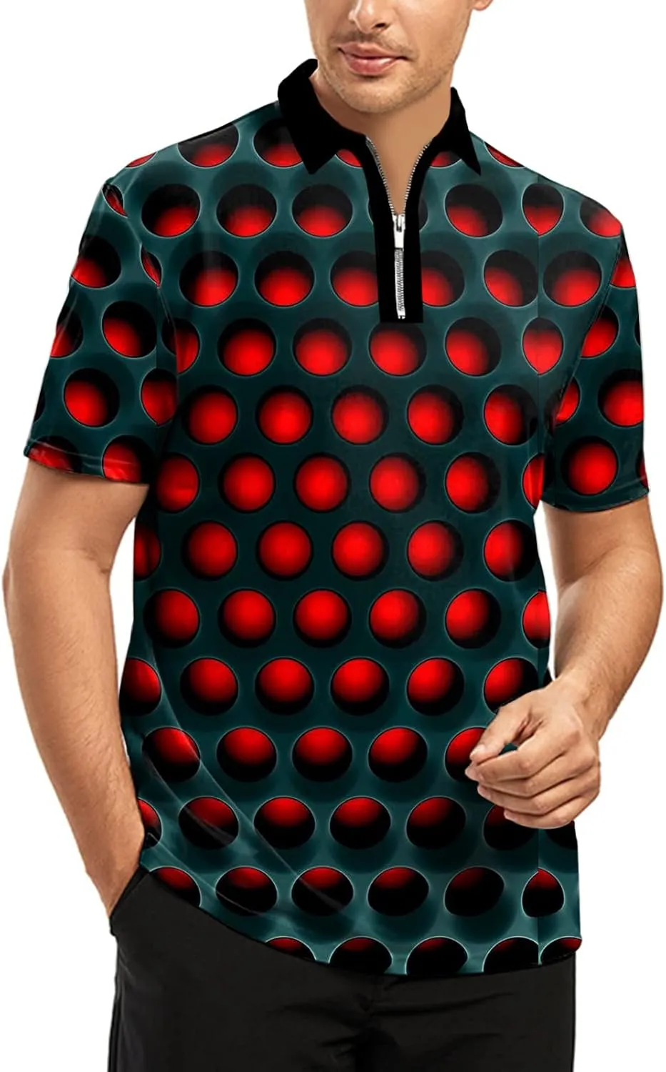 Ecosunny Men's Short Sleeve Polo Shirt 3D Printed Zipper Casual Slim Fit Golf Shirts