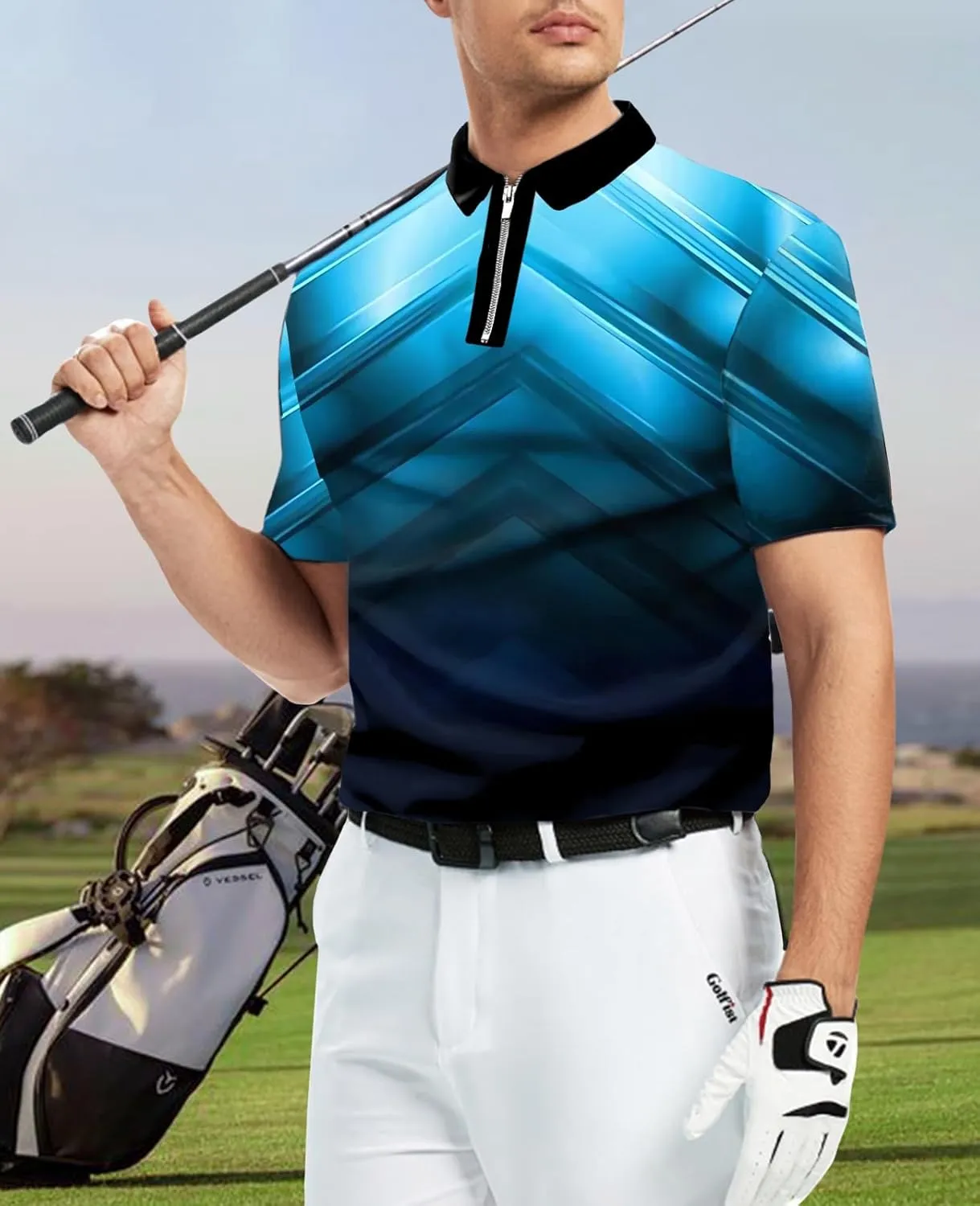 Ecosunny Men's Short Sleeve Polo Shirt 3D Printed Zipper Casual Slim Fit Golf Shirts