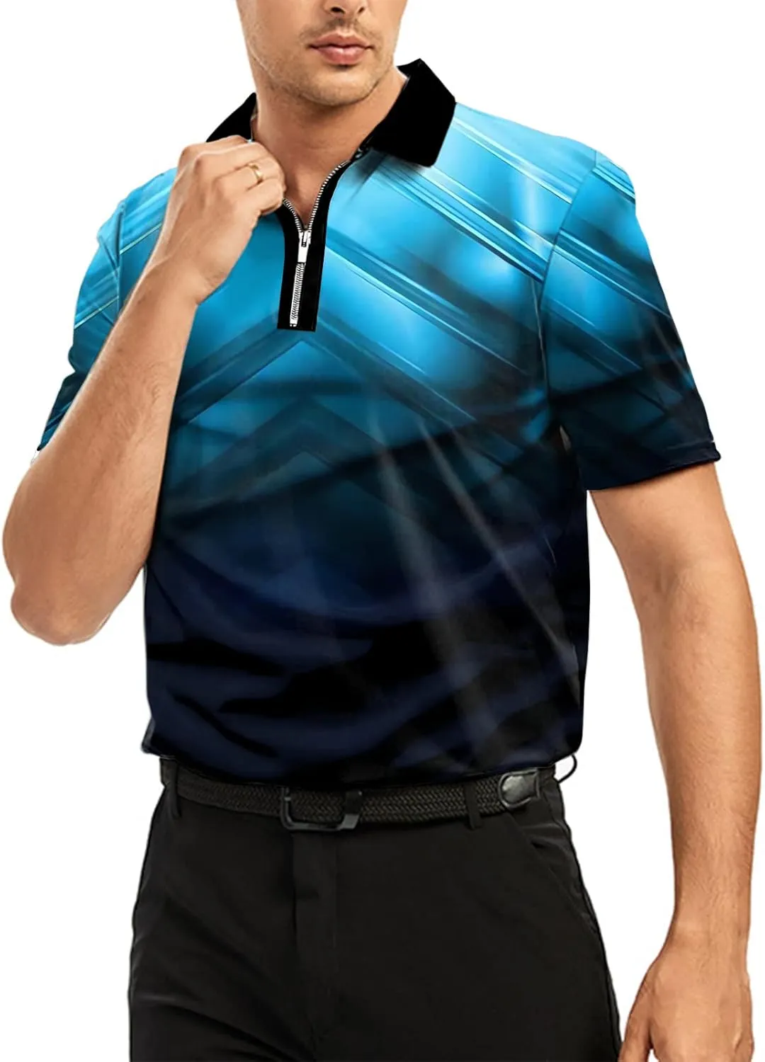 Ecosunny Men's Short Sleeve Polo Shirt 3D Printed Zipper Casual Slim Fit Golf Shirts