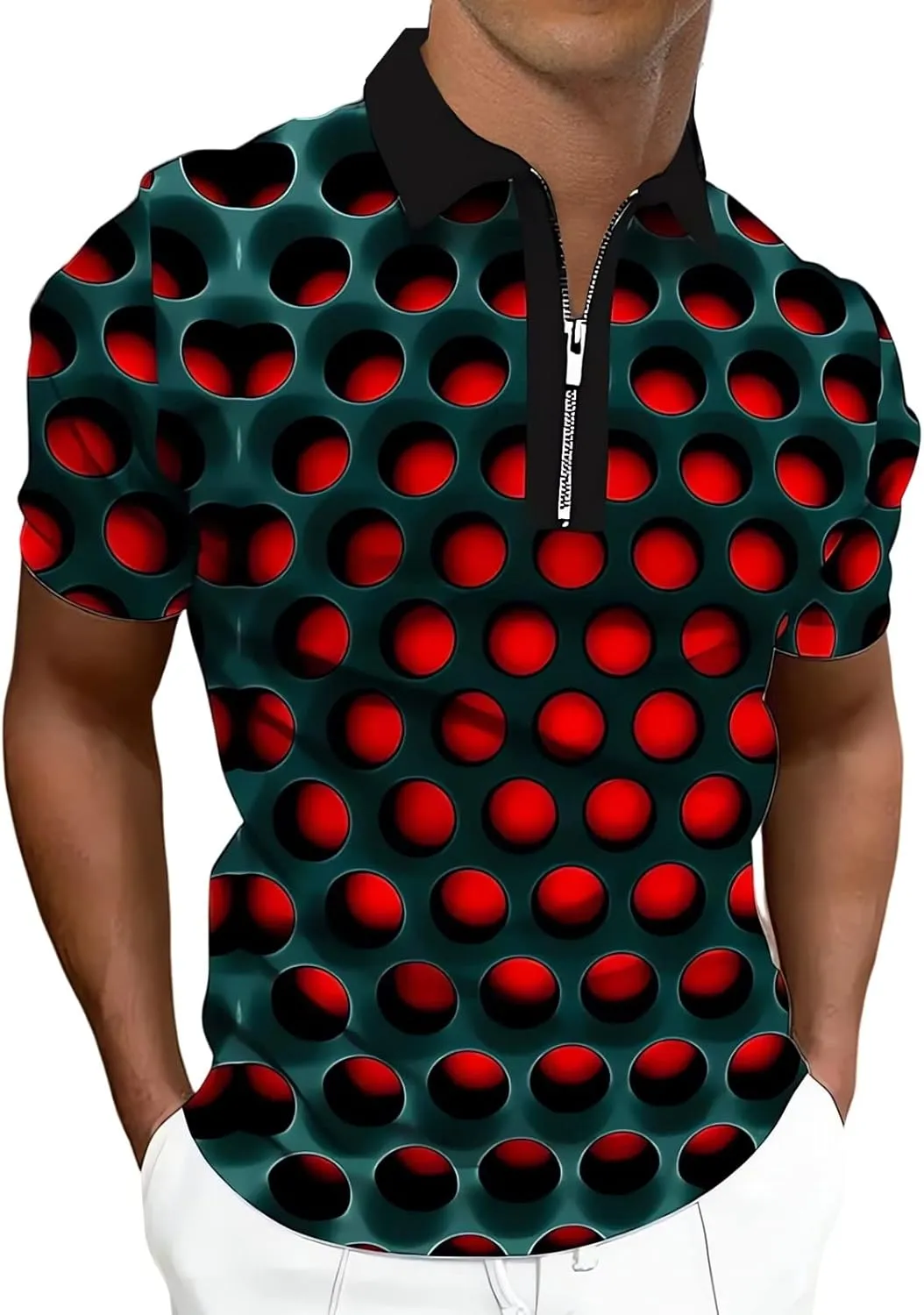 Ecosunny Men's Short Sleeve Polo Shirt 3D Printed Zipper Casual Slim Fit Golf Shirts