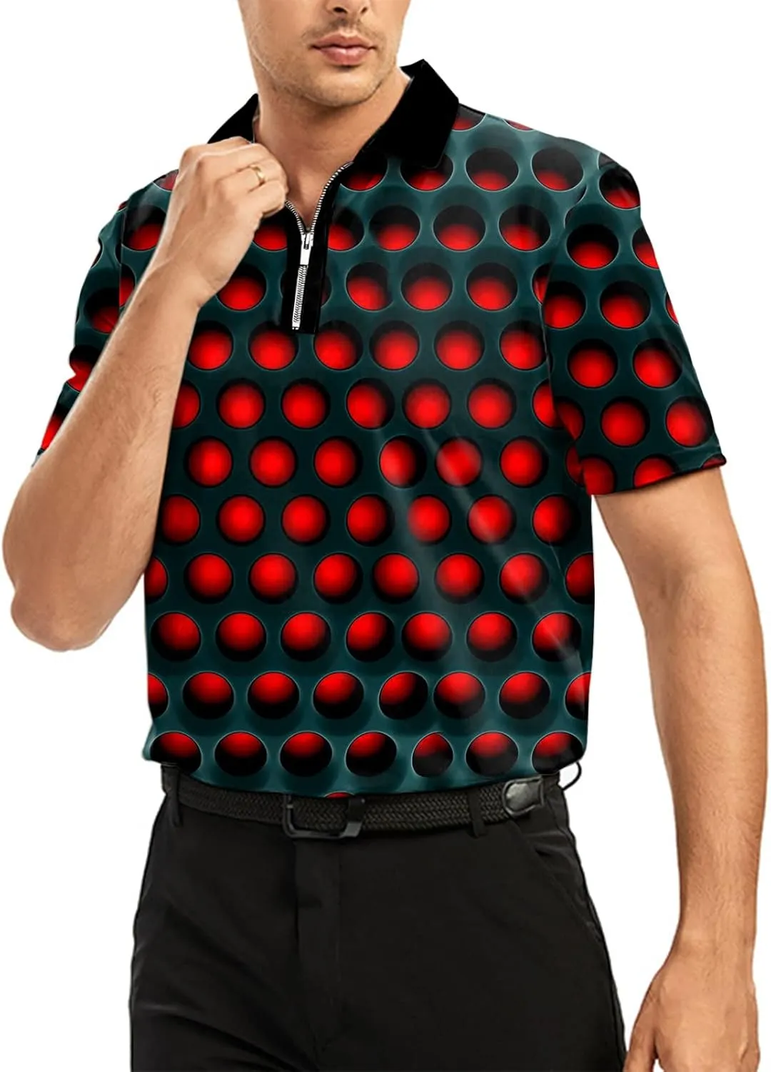 Ecosunny Men's Short Sleeve Polo Shirt 3D Printed Zipper Casual Slim Fit Golf Shirts