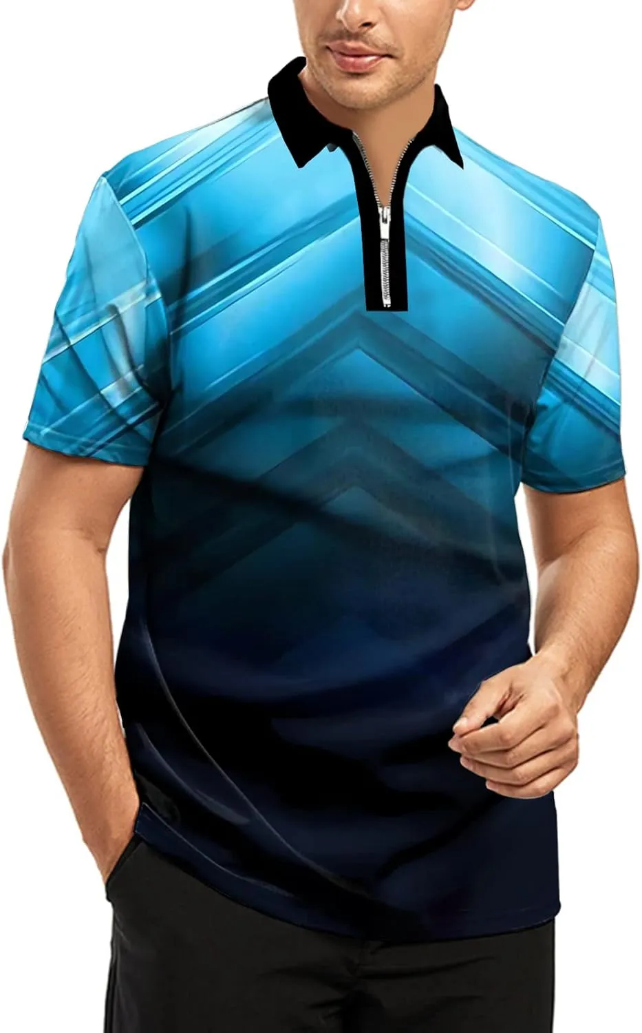 Ecosunny Men's Short Sleeve Polo Shirt 3D Printed Zipper Casual Slim Fit Golf Shirts