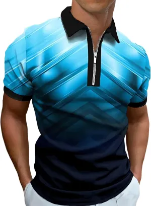 Ecosunny Men's Short Sleeve Polo Shirt 3D Printed Zipper Casual Slim Fit Golf Shirts