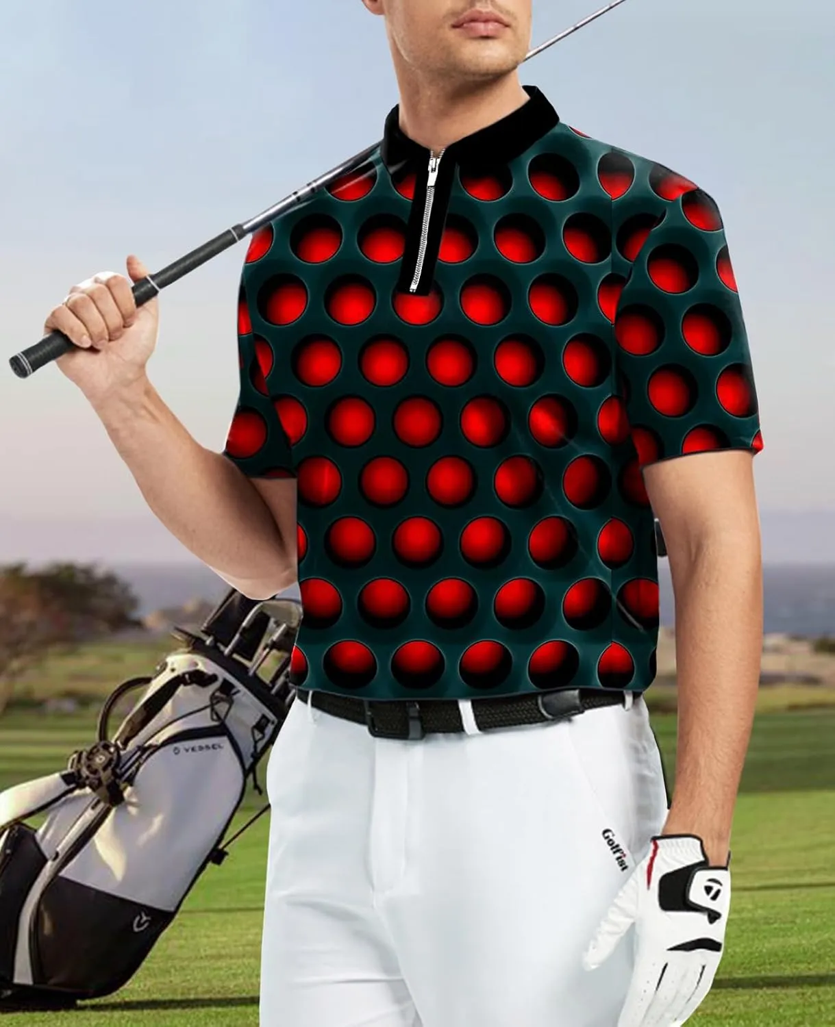 Ecosunny Men's Short Sleeve Polo Shirt 3D Printed Zipper Casual Slim Fit Golf Shirts