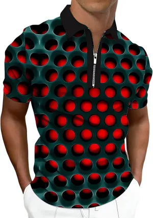 Ecosunny Men's Short Sleeve Polo Shirt 3D Printed Zipper Casual Slim Fit Golf Shirts
