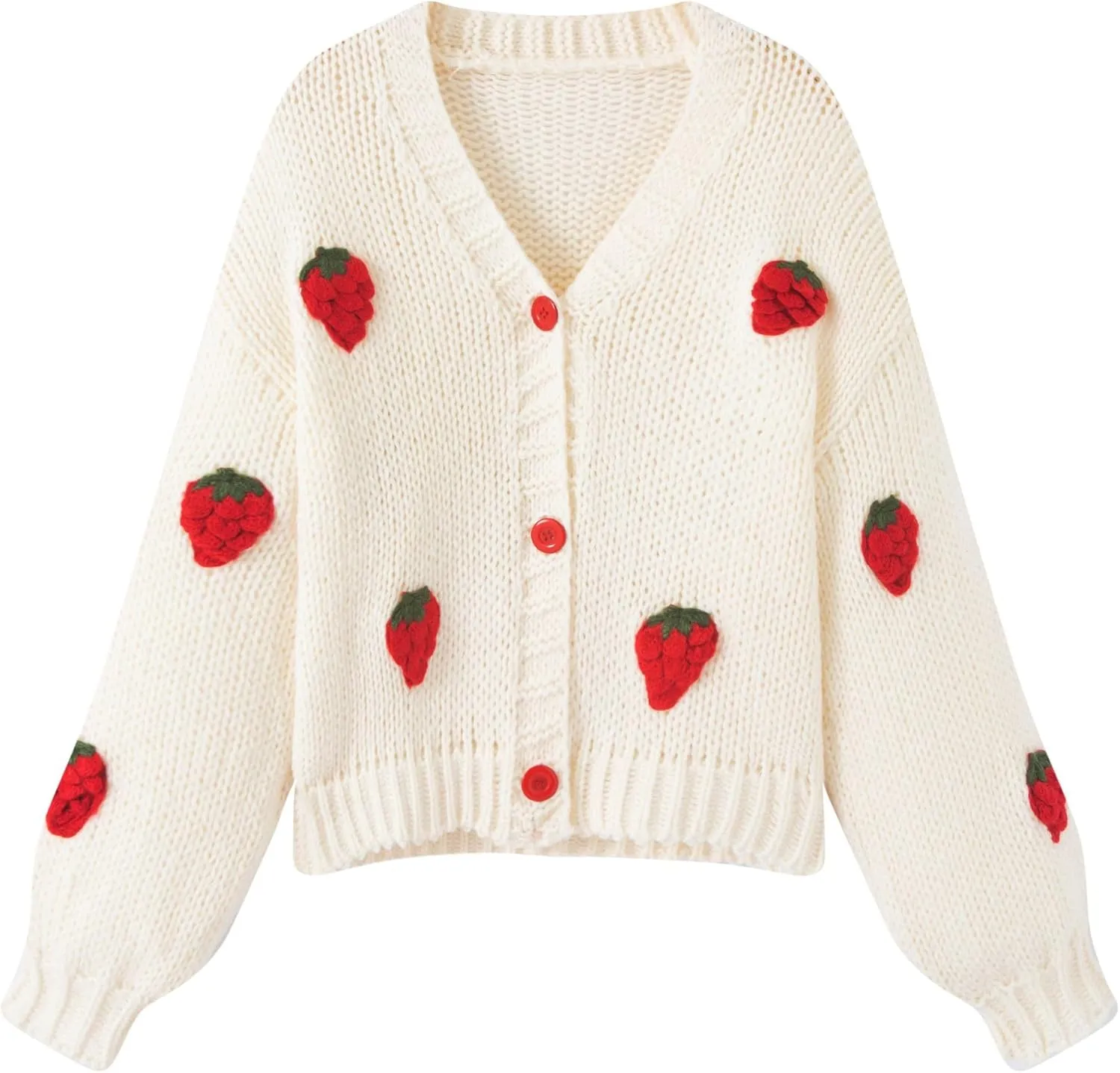 FindThy Womens Kawaii Strawberry Embroidered Cardigan Long Sleeve V Neck Chunky Knitted Cardigans Tops