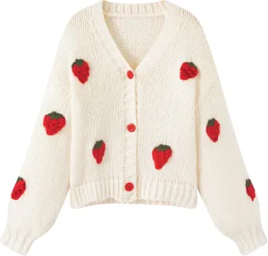 FindThy Womens Kawaii Strawberry Embroidered Cardigan Long Sleeve V Neck Chunky Knitted Cardigans Tops