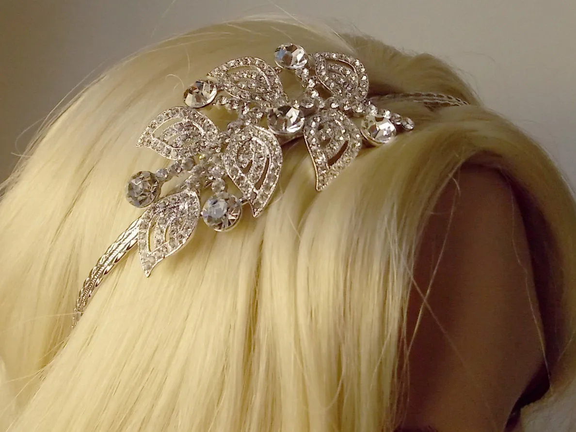 Floral Leaf Bridal Headband with Pave Crystal 1920s Wedding Headpiece