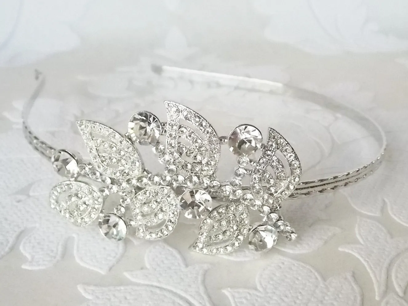 Floral Leaf Bridal Headband with Pave Crystal 1920s Wedding Headpiece