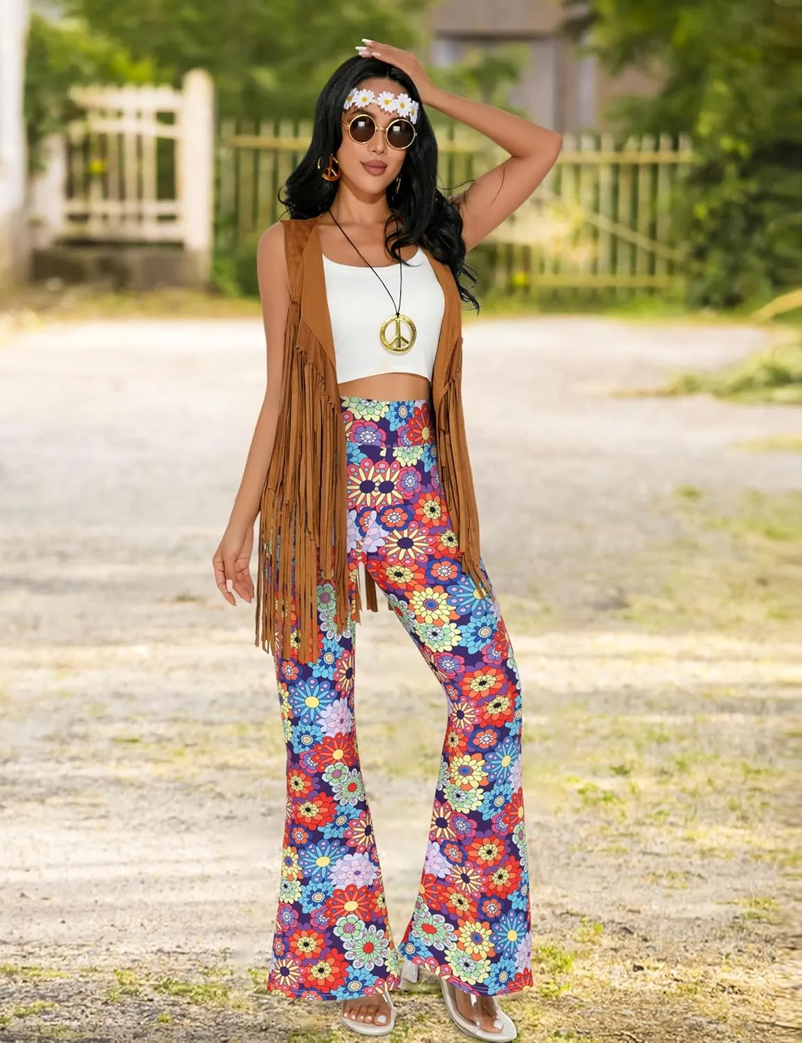 GERVAISE Womens 60s 70s Outfit Disco Hippie Costume Fringe Vest Boho Pants Accessories Set