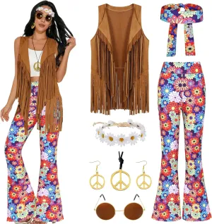 GERVAISE Womens 60s 70s Outfit Disco Hippie Costume Fringe Vest Boho Pants Accessories Set