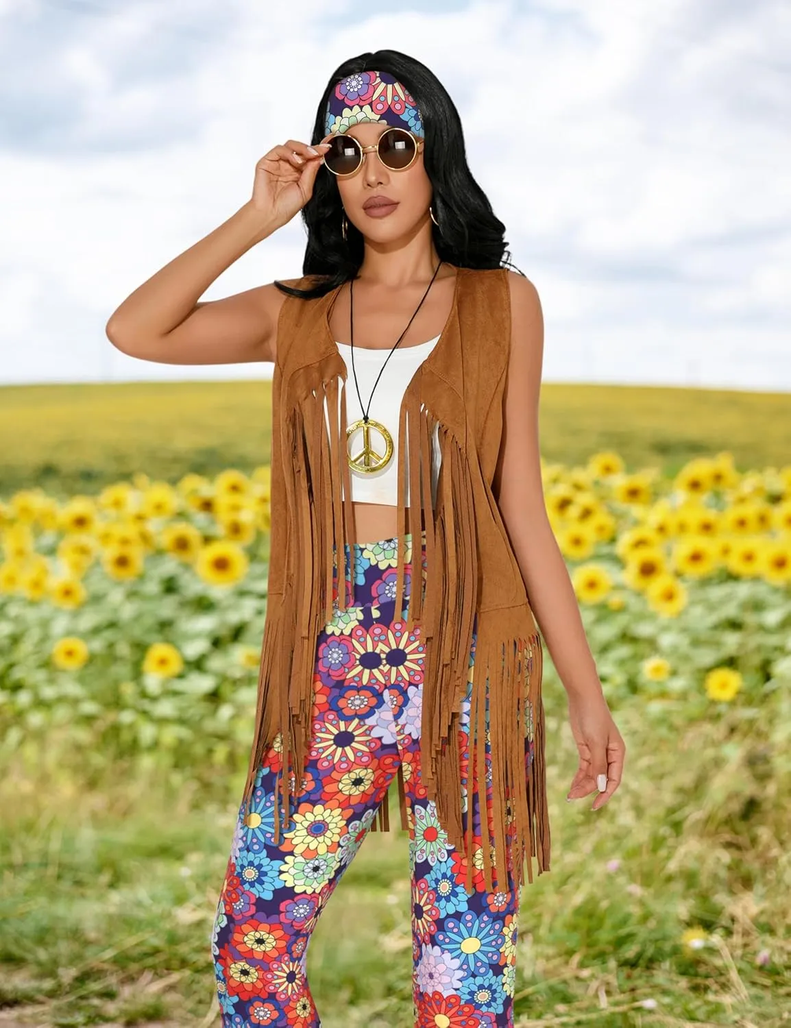 GERVAISE Womens 60s 70s Outfit Disco Hippie Costume Fringe Vest Boho Pants Accessories Set
