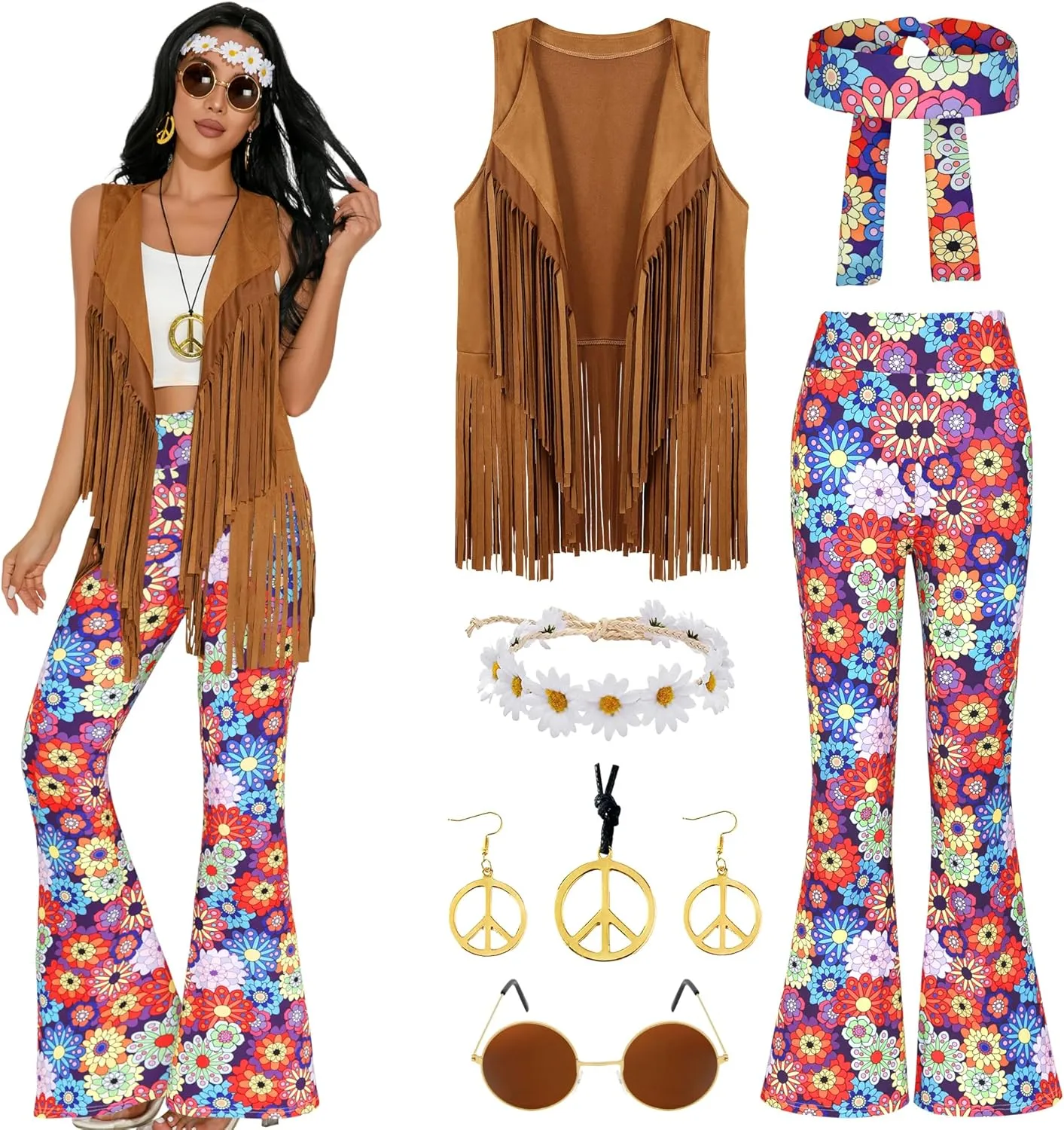 GERVAISE Womens 60s 70s Outfit Disco Hippie Costume Fringe Vest Boho Pants Accessories Set