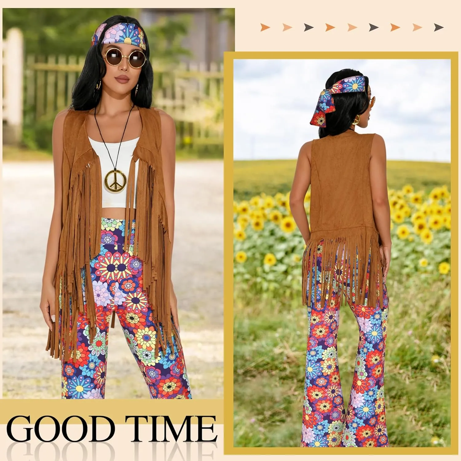 GERVAISE Womens 60s 70s Outfit Disco Hippie Costume Fringe Vest Boho Pants Accessories Set