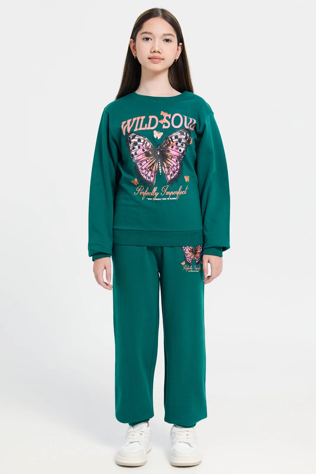 Girls Green Printed Track Pants