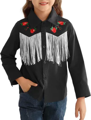 Girls Western Cowboy Fringe Shirt Long Sleeve Floral Embroidered Cute Collared Retro Casual Blouses Shirts