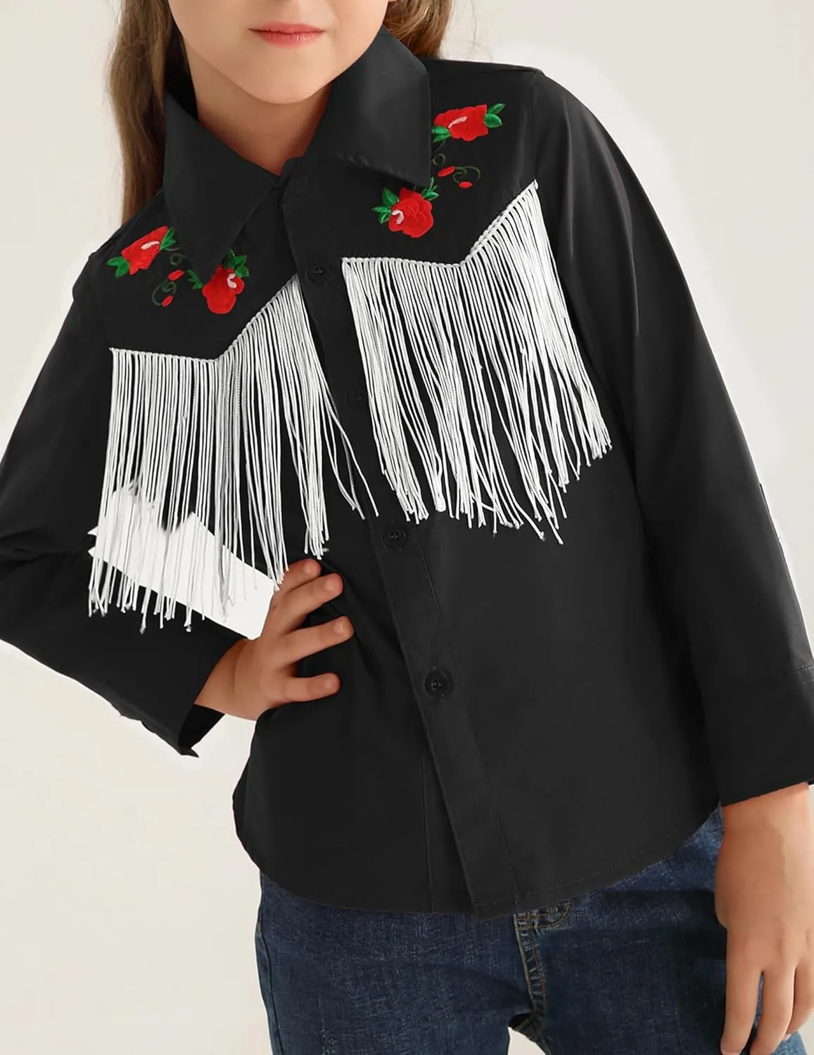 Girls Western Cowboy Fringe Shirt Long Sleeve Floral Embroidered Cute Collared Retro Casual Blouses Shirts