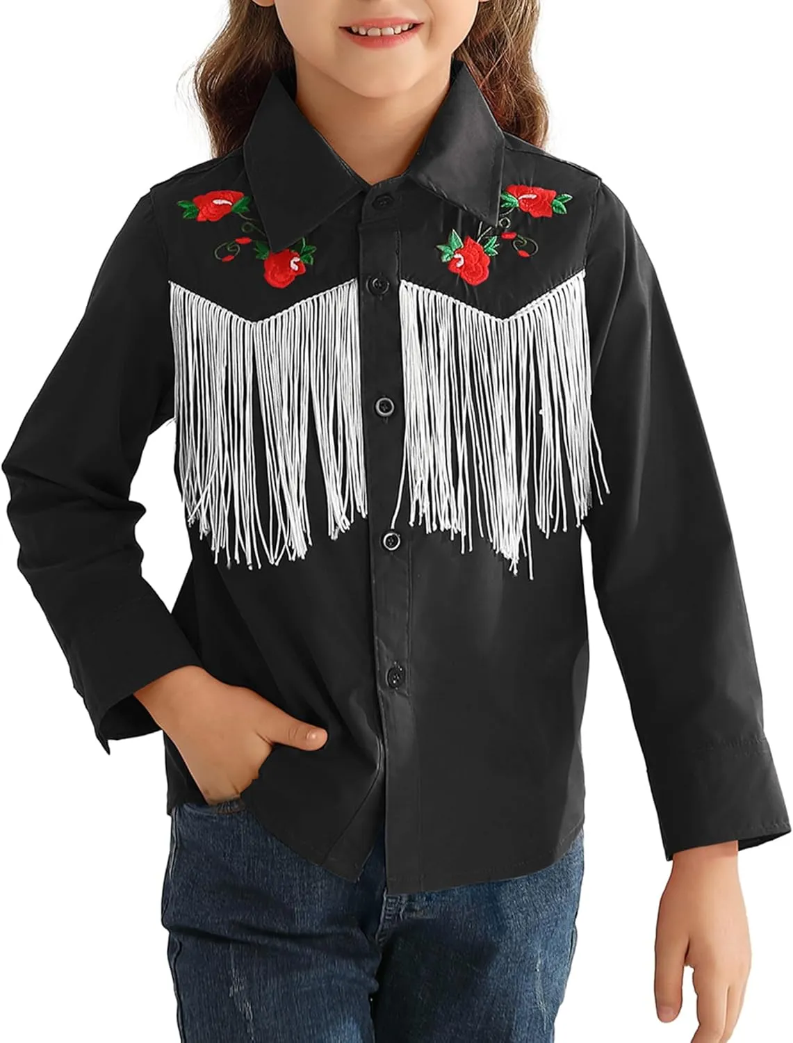 Girls Western Cowboy Fringe Shirt Long Sleeve Floral Embroidered Cute Collared Retro Casual Blouses Shirts