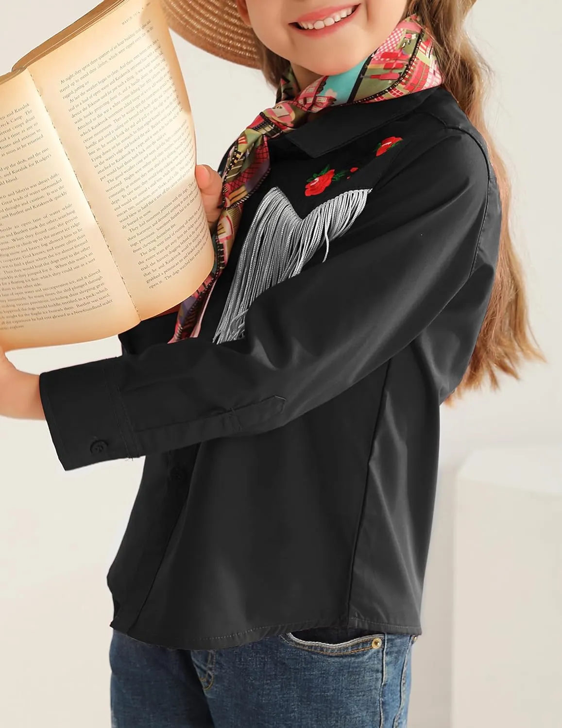 Girls Western Cowboy Fringe Shirt Long Sleeve Floral Embroidered Cute Collared Retro Casual Blouses Shirts