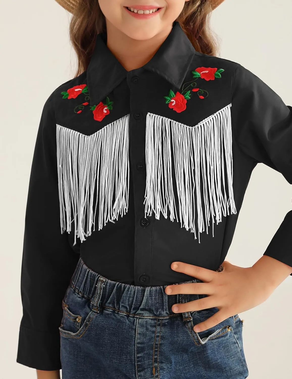 Girls Western Cowboy Fringe Shirt Long Sleeve Floral Embroidered Cute Collared Retro Casual Blouses Shirts
