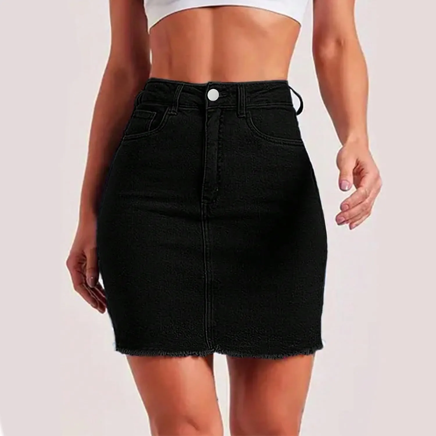 Jean Skirts for Women Denim Bodycon Raw Hem Stretch High Waisted Frayed Summer A Line Mini Pencil Skrit with Pockets