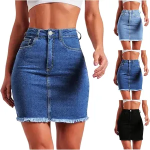 Jean Skirts for Women Denim Bodycon Raw Hem Stretch High Waisted Frayed Summer A Line Mini Pencil Skrit with Pockets
