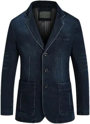 Kiioouu Men Denim Blazer Lapel Cool Denim Jacket Pockets Denim Blazer
