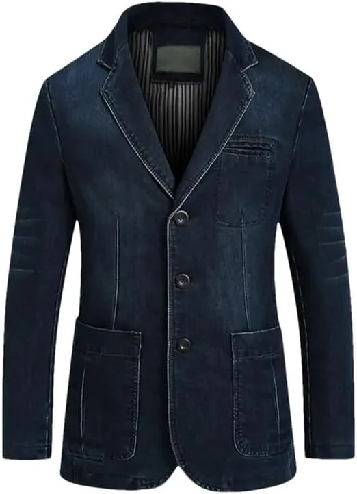 Kiioouu Men Denim Blazer Lapel Cool Denim Jacket Pockets Denim Blazer
