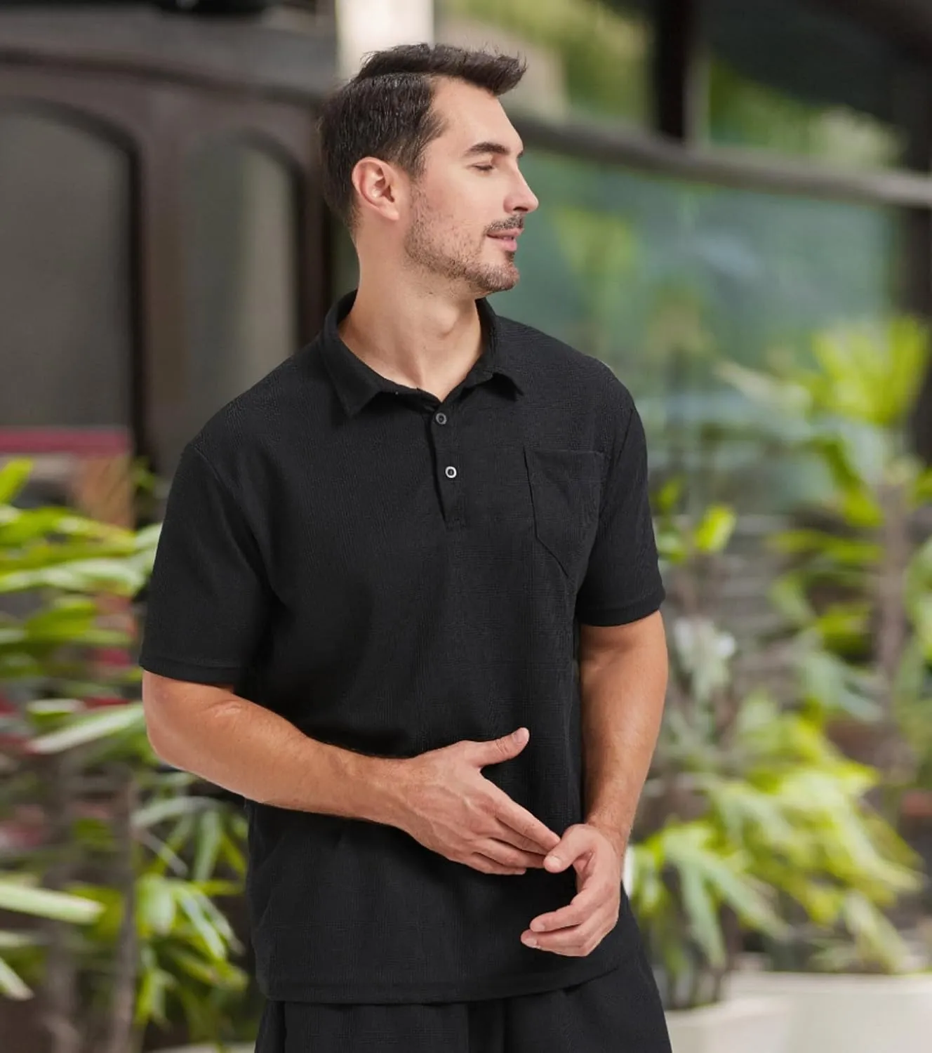 Knit Polo Shirts for Men Button Down Short Sleeve Shirt Men's Waffle Knitted T-Shirt Summer Golf Tee Shirt with Pocket