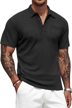 Knit Polo Shirts for Men Button Down Short Sleeve Shirt Men's Waffle Knitted T-Shirt Summer Golf Tee Shirt with Pocket