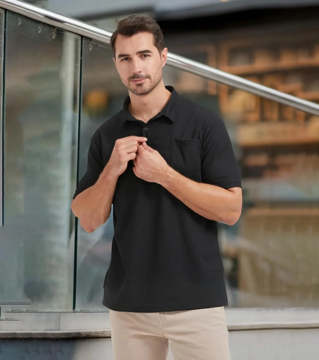 Knit Polo Shirts for Men Button Down Short Sleeve Shirt Men's Waffle Knitted T-Shirt Summer Golf Tee Shirt with Pocket